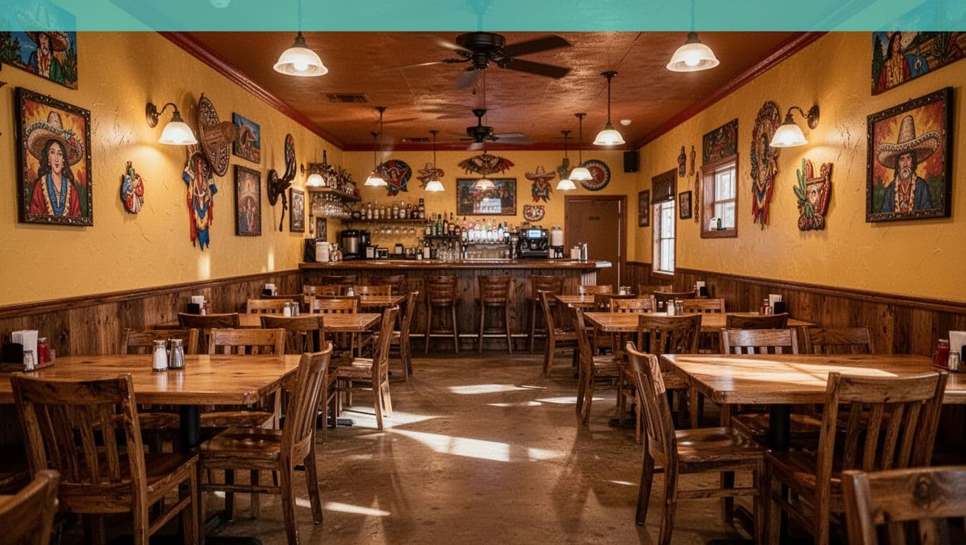 Wide-angle view of an empty, cozy Mexican restaurant interior in a small Alabama town, featuring wooden tables, chairs, colorful wall decor, and bar counter with soft ambient lighting and warm tones. Branded editorial style with a green top band displaying 'Dining Vibe' headline.