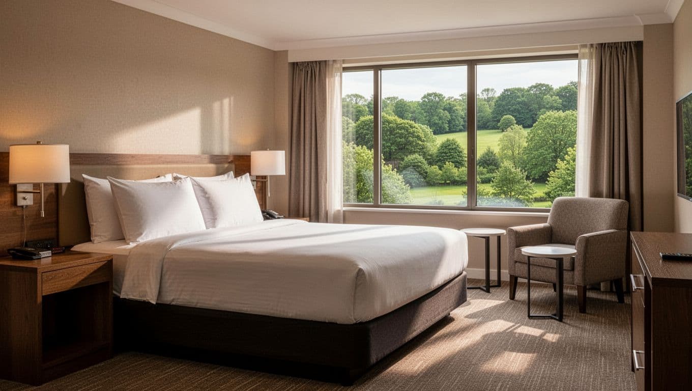 Cozy mid-range hotel room with king bed, armchair, coffee table, and window overlooking green area in a simple clean setup. Frontal view focused on bed and seating with soft natural lighting and bold green branded band at top featuring 'Mid-Range Stays' headline.
