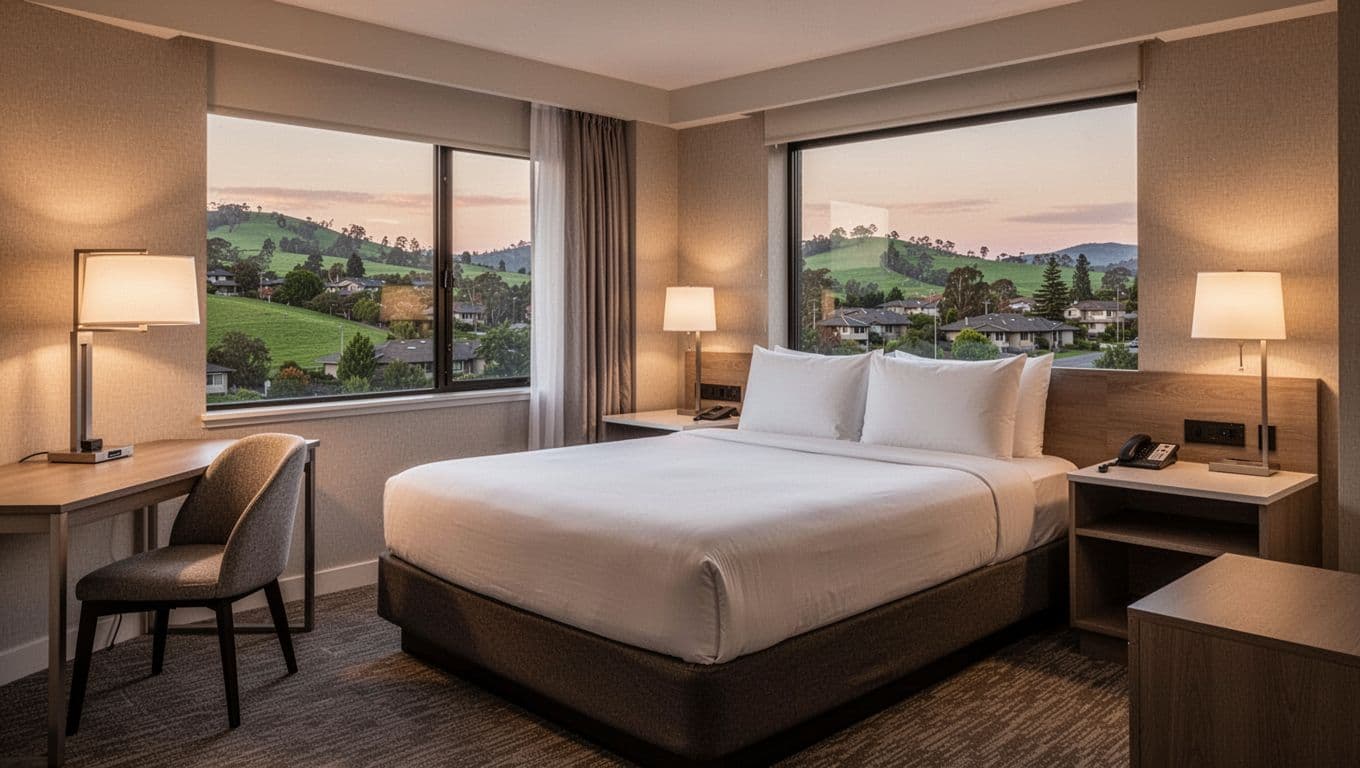 Cozy mid-range hotel room interior with centered king bed, modern desk, window view of green suburban hills in soft evening light, one chair and lamp visible, no people. Bold branded headline 'Mid-Range Comfort' on edge-to-edge green color band near top.