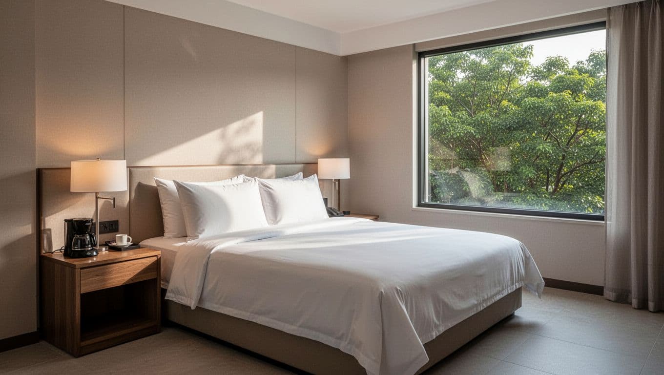 Photorealistic cozy modern hotel room interior in Alabama with centered queen bed on white linens, wooden nightstand with lamp and coffee maker, large window showing green trees, neutral tones, soft daylight, clean composition, and top green banner with 'Key Amenities' headline.