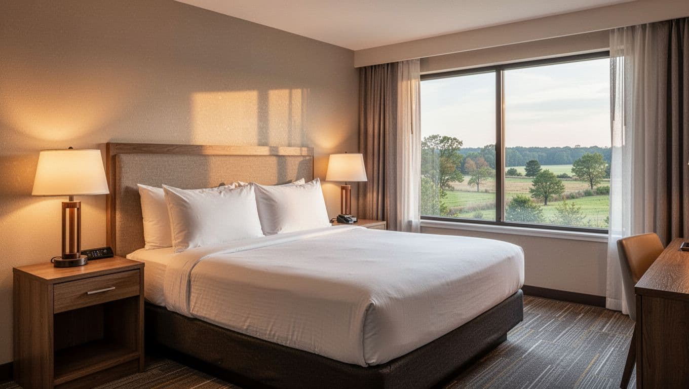 Cozy modern hotel room interior with neatly made king bed, wooden nightstand lamp, and large window showing Alabama countryside view under soft warm lighting. Features bold branded 'Key Amenities' header band in green at top.