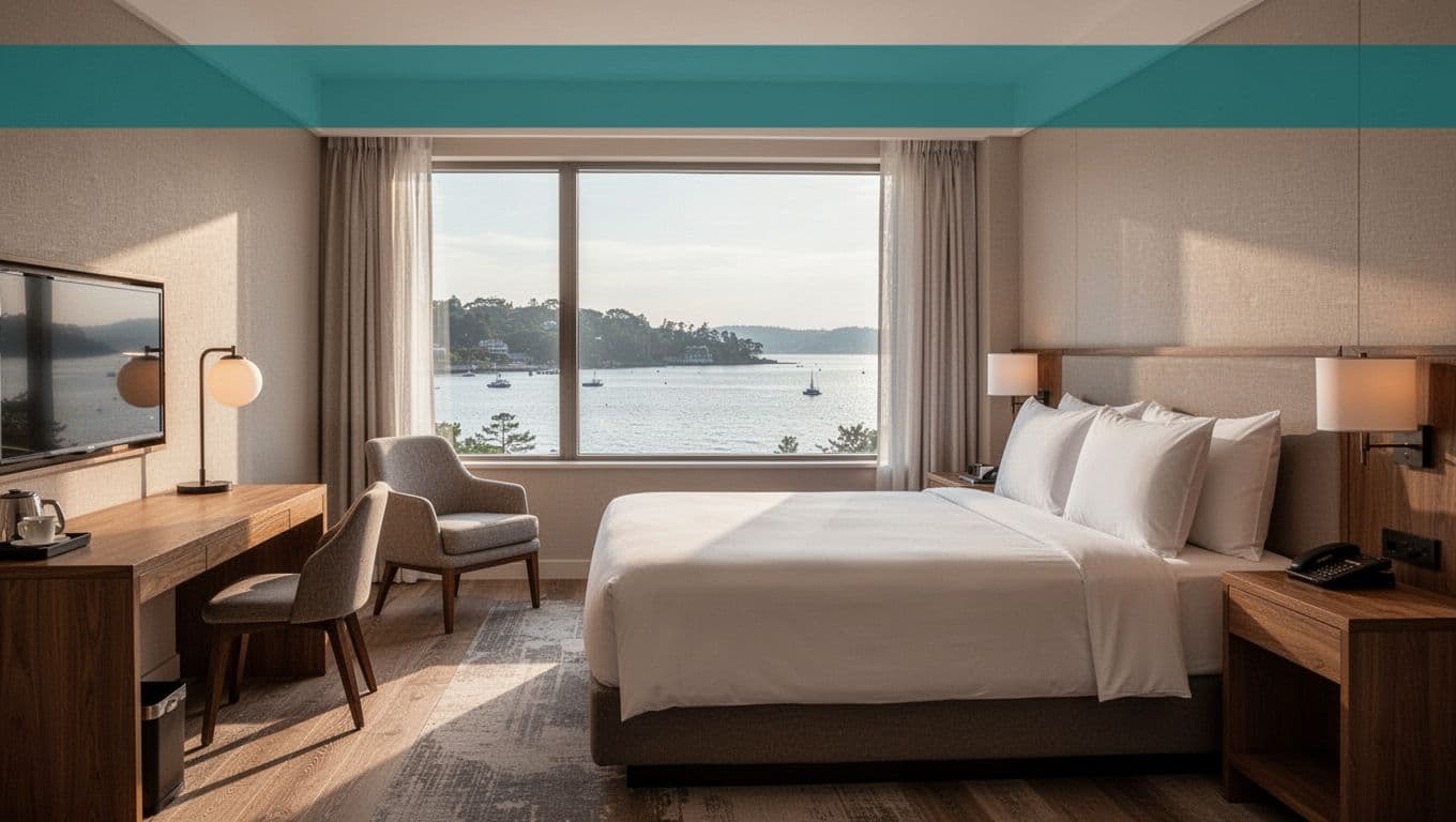Cozy modern hotel room interior with king bed, clean linens, bay view window, wooden desk, and armchair, featuring bold 'Hotel Amenities' headline on green band.