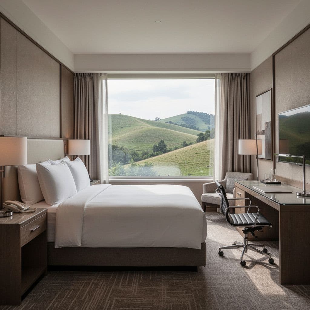 Cozy hotel room interior featuring a king bed, work desk, and window view of green hills in neutral tones and modern decor. Bold 'Stay Tips' headline on a green band at the top, square composition focused on room amenities.