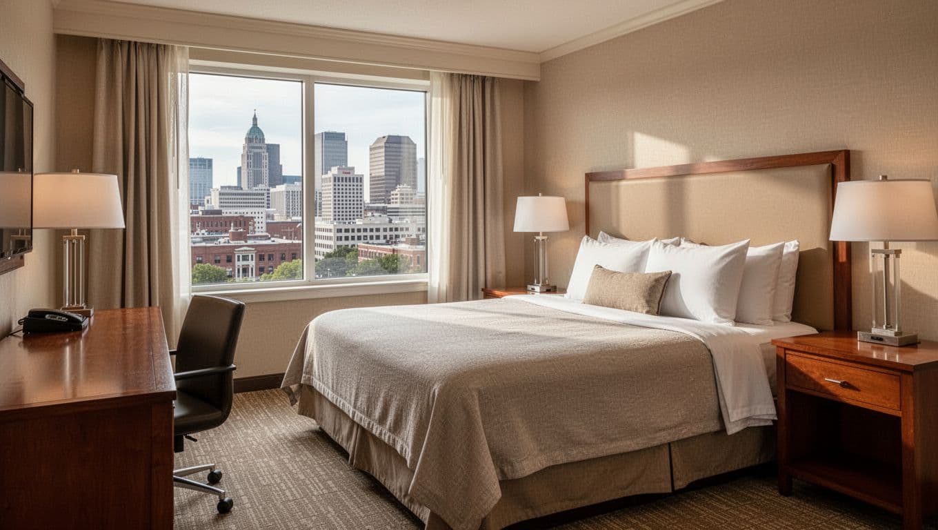 Cozy single hotel room interior with king bed, wooden desk, and window view of Montgomery city skyline in neutral tones and natural daylight.