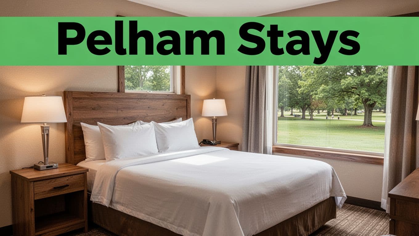 Cozy hotel room interior in Pelham, Alabama, featuring a queen bed with crisp white sheets, wooden nightstand, and large window showing green park view under soft natural light. Branded with bold 'Pelham Stays' headline in high-contrast green band.
