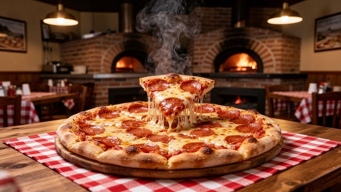 Steaming pepperoni pizza with pulled slice on checkered tablecloth in cozy wooden restaurant interior, pizza oven in back, warm lamp lighting, green Pizza Night band at top.