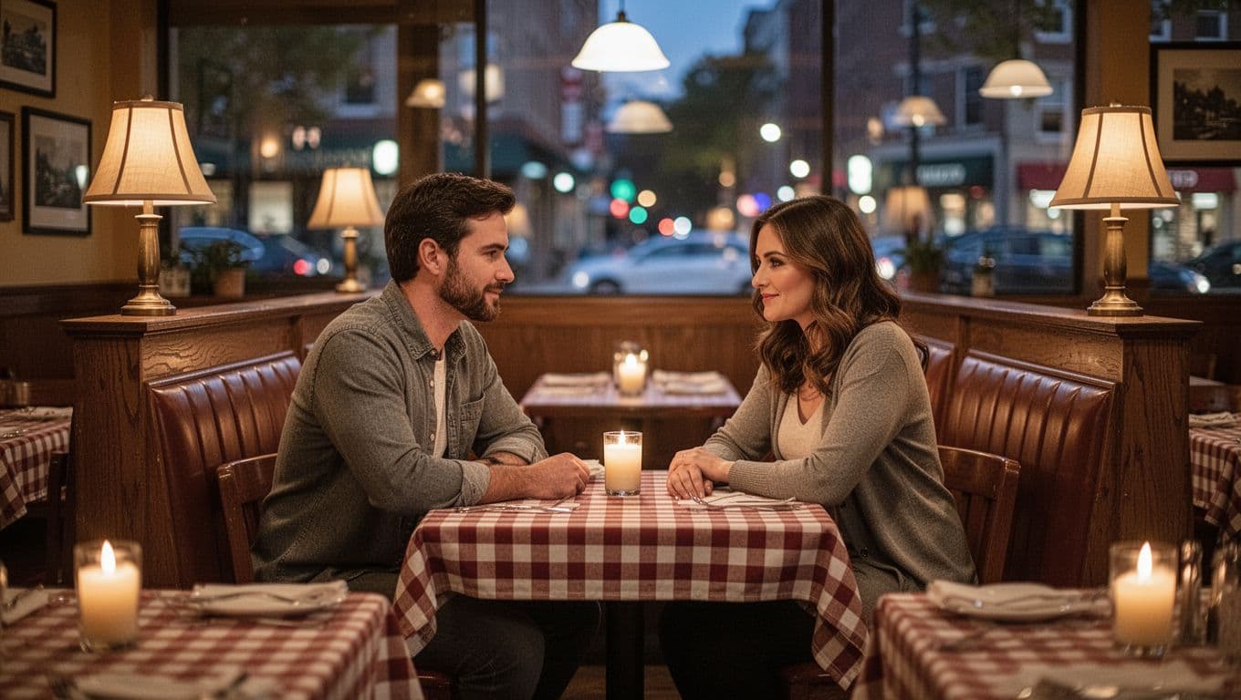 A cozy downtown restaurant dining room illuminated by candlelight and warm lamps, featuring checkered tablecloths and wooden booths, with one relaxed couple seated at a table in an inviting evening atmosphere and soft bokeh depth of field.