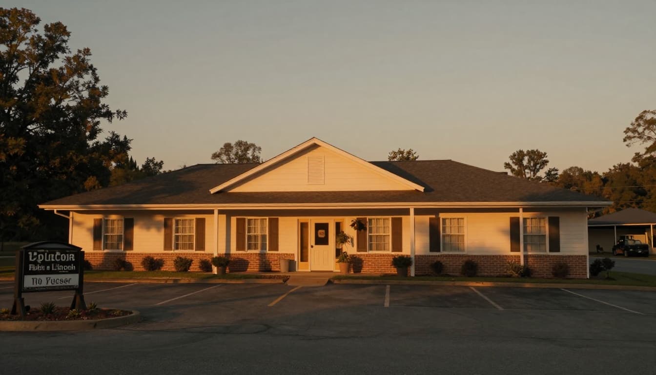 A single cozy hotel building in rural Alabama at dusk, with a parking lot and welcome sign, captured in a centered front view under warm golden hour lighting with soft shadows.