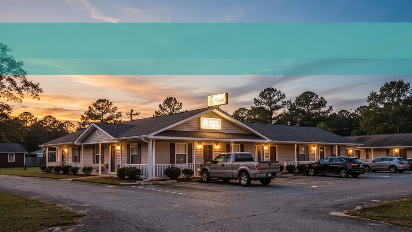 Exterior of a cozy single-building motel in rural Alabama at dusk, with neon sign, parking lot, one pickup truck, warm porch lights, and golden hour lighting transitioning to blue night sky. Features a green top banner with bold white 'TOP PICKS' headline.