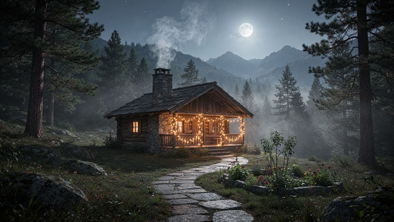 Rustic cabin nestled in foggy woods near mountain overlook, with fairy lights on the porch and chimney smoke rising on a misty night. Winding path leads to gardens, topped with bold 'Cozy Cabins' header in green band.