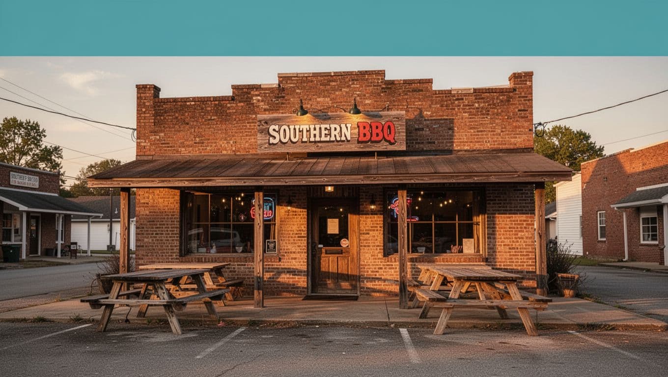 Cozy exterior of a Southern BBQ restaurant in an Alabama town at sunset, with subtle wooden sign, empty picnic tables, centered on building facade in golden hour lighting and bold branded editorial style featuring a green 'Local Favorite' headline band.