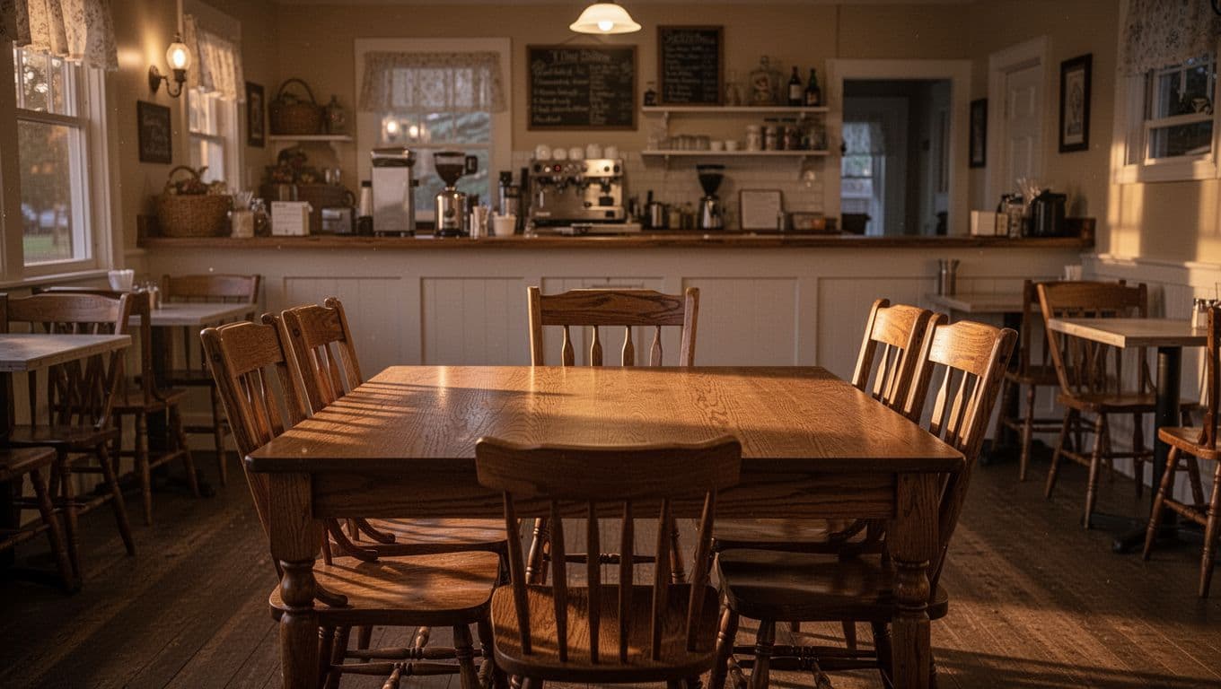 Empty wooden table centered in foreground, wooden chairs and background counter in warm evening-lit cafe with 'LOCAL FAVORITES' banner at top.