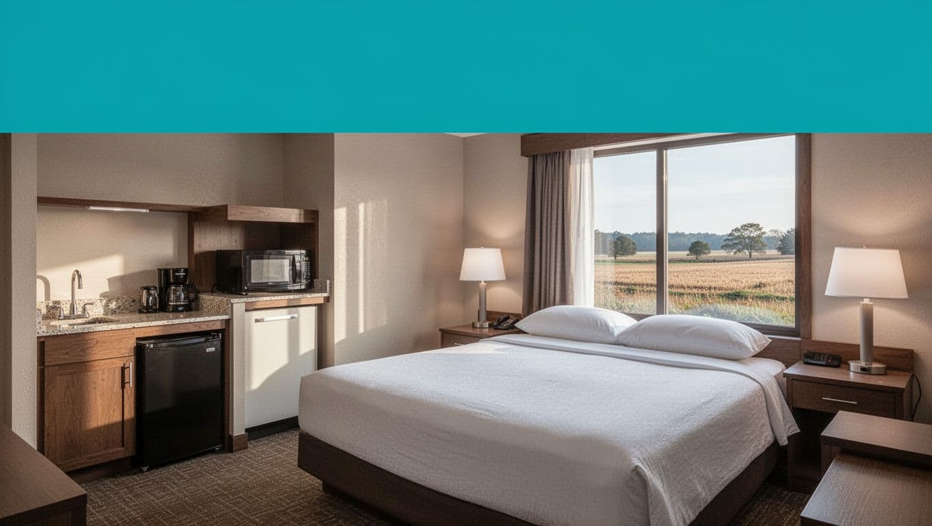 Green band with 'Cozy Suites' headline above spacious suite featuring king bed, kitchenette, and window to rural fields.