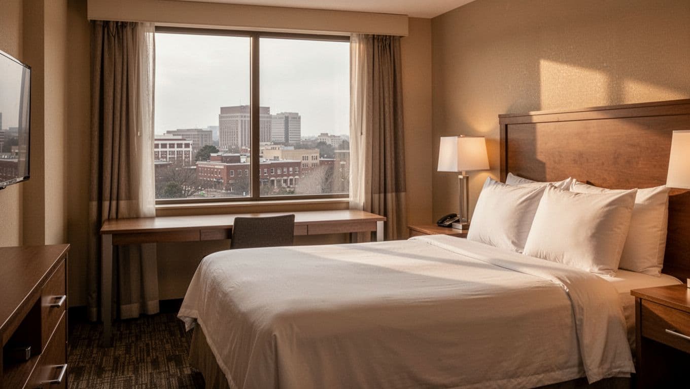 Cozy hotel room interior in Tuscaloosa area with queen bed, clean linens, desk, city window view, and soft warm lighting, featuring bold 'Tuscaloosa Options' headline on green band.