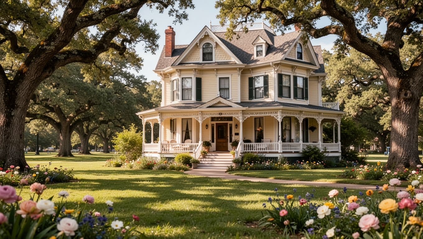 Cozy Victorian bed and breakfast inn front with inviting porch overlooking lush green Forsyth Park, blooming flowers, and oak trees in bright natural daylight. Bold editorial style features edge-to-edge green color band at top with 'Victorian Escape' headline.