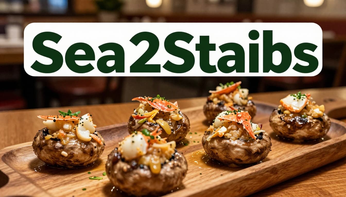 Close-up of appetizing crab-stuffed seafood mushroom caps appetizer on a table in a cozy Decatur, Alabama restaurant dining room with dim ambient lighting.
