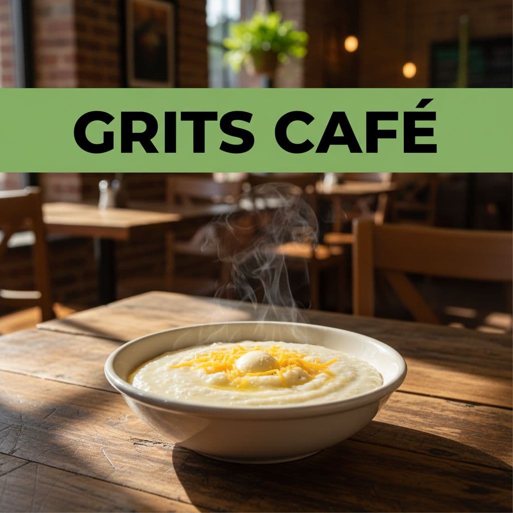 Steaming bowl of creamy grits topped with butter and cheese sits centered on a wooden table under natural daylight, with GRITS CAFE headline on green band at top.