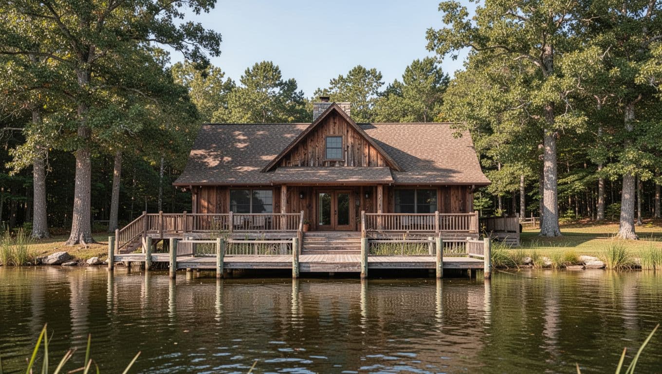 Exterior view of Creekside Lodge on Lake Martin shore featuring a wooden deck, lake water, and surrounding trees. Realistic daylight photo focusing on the single resort-style building with no people, text, or watermarks.
