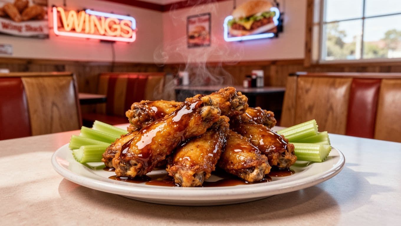 Plate of crispy chicken wings with sauce and celery sticks on diner table in bright wing shack with neon signs and wooden booths.