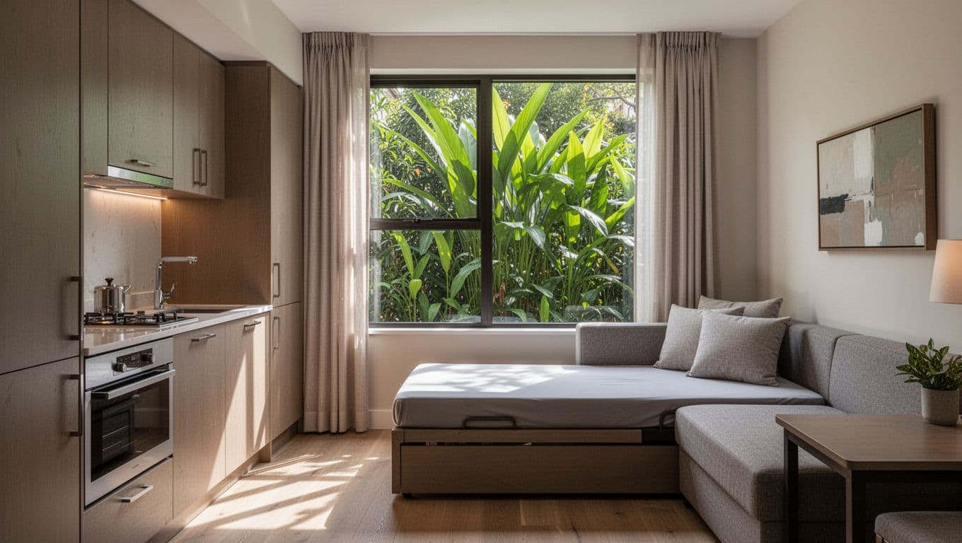 Spacious modern hotel suite interior in Cullman, Alabama, featuring kitchenette, sofa bed, and window view of greenery with soft natural light. Branded editorial style with green header band and 'Cullman Suites' headline, highlighting room amenities.