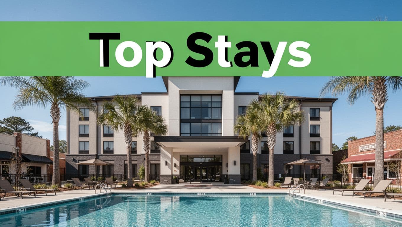 Photorealistic modern hotel facade with foreground outdoor pool in a small Alabama town under clear blue sky, centered on entrance and palm trees, topped with bold 'Top Stays' green headline band.