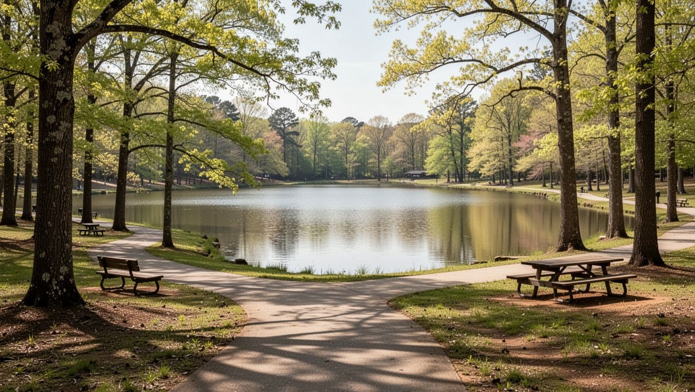 Peaceful park in Cullman, Alabama, with a calm lake, tree-lined walking trail, picnic benches under spring greenery, and soft sunlight in a wide landscape realistic photo.