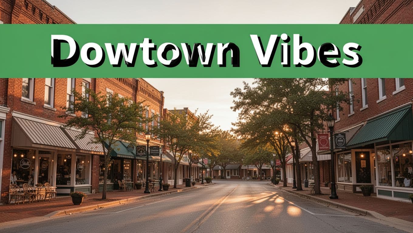 Photorealistic evening street scene of one empty block in downtown Cullman, Alabama, with historic brick buildings, quaint shops, cafe storefronts, and tree-lined sidewalks under golden hour light casting long shadows. Branded with edge-to-edge green color band at top featuring large bold 'Downtown Vibes' headline in white geometric sans-serif font.