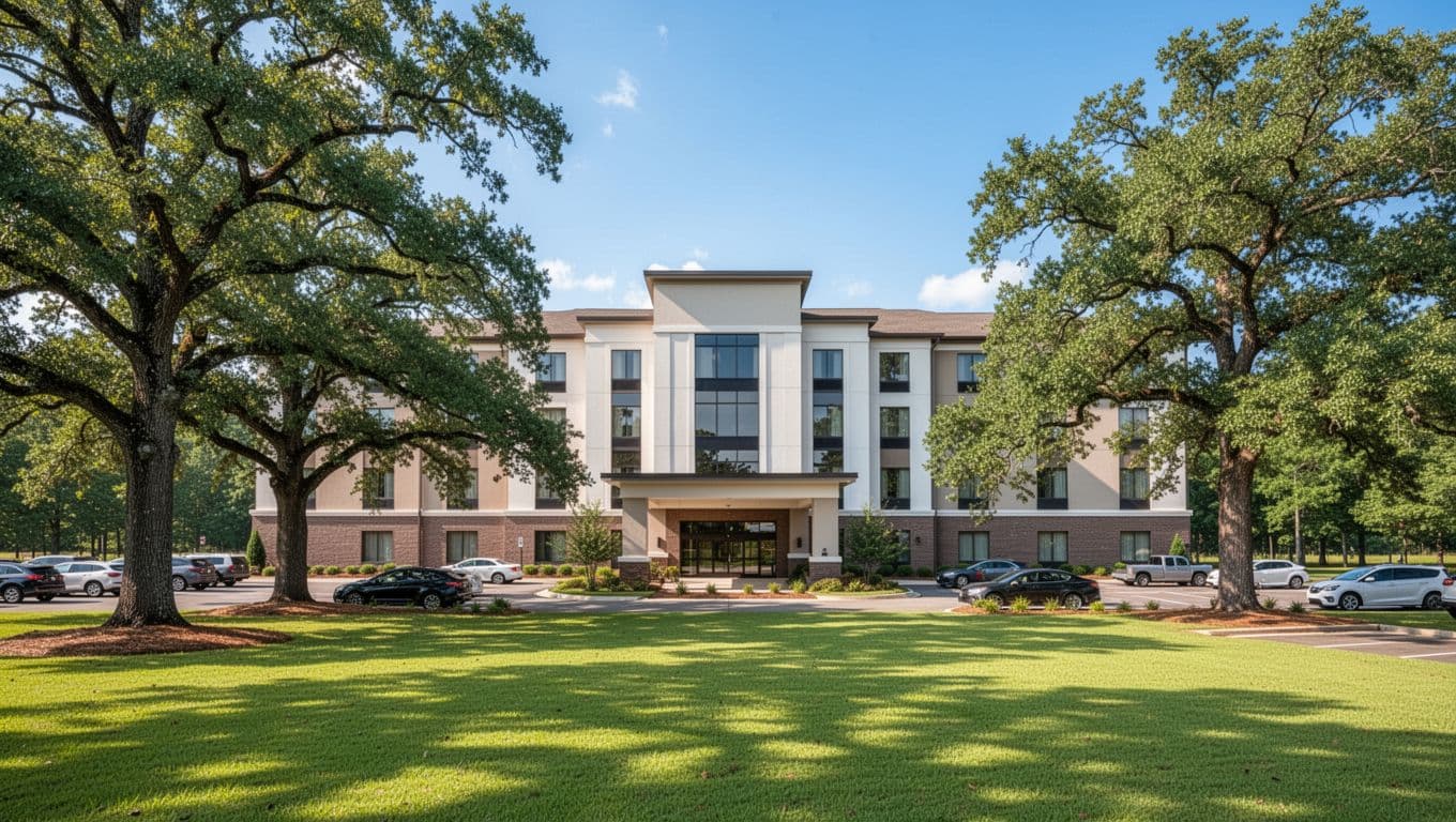 Clean modern hotel exterior in rural Alabama with green lawns, oak trees, and parking lot under clear blue sky on a sunny day, featuring bold 'TOP PICKS' headline in green band.