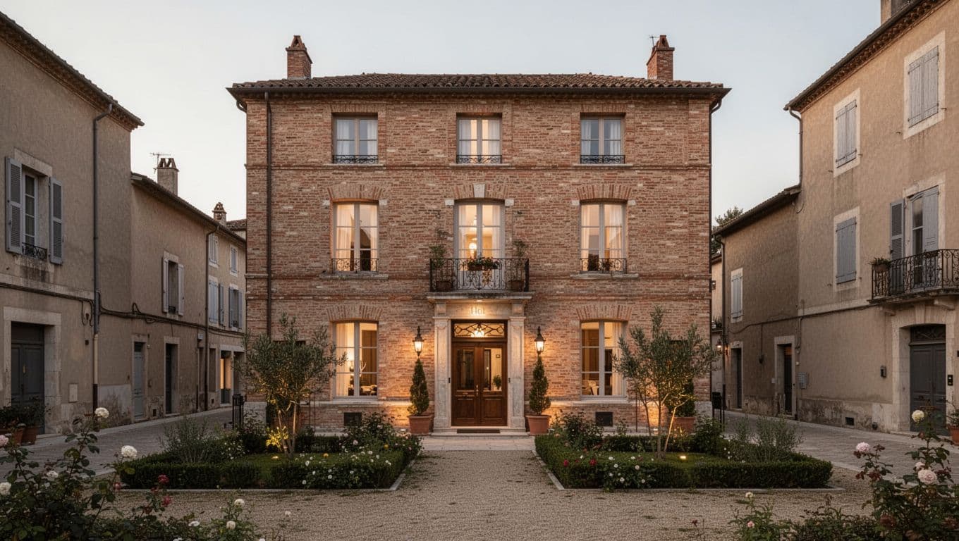 Elegant brick boutique hotel exterior on a historic street near Dahlonega Square, with a welcoming entrance, small garden, and soft evening lighting highlighting the facade.