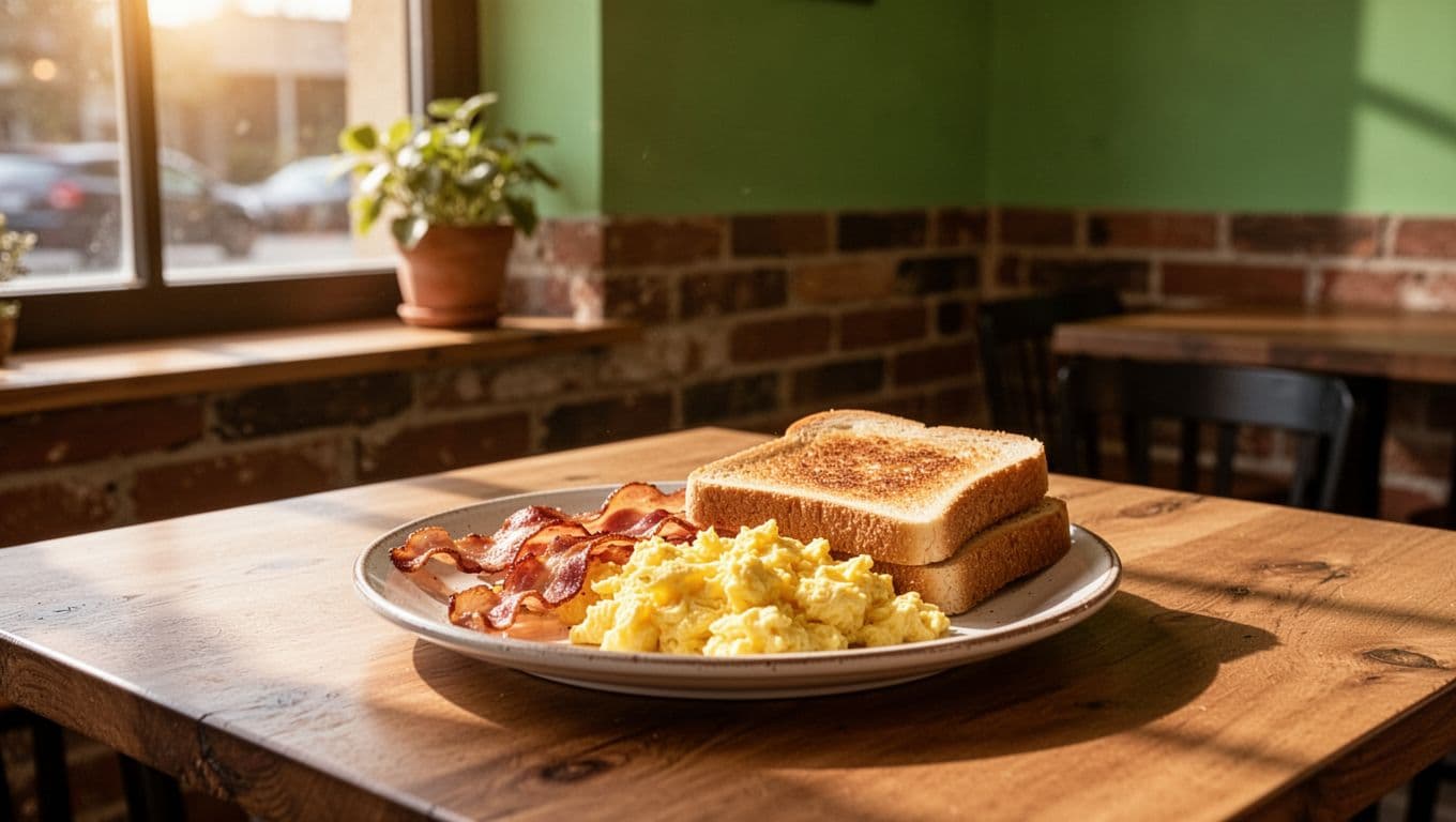 Green 'DAILY BREAKFAST' banner tops cozy cafe interior with single plate of eggs, bacon, and toast on table in warm morning light.