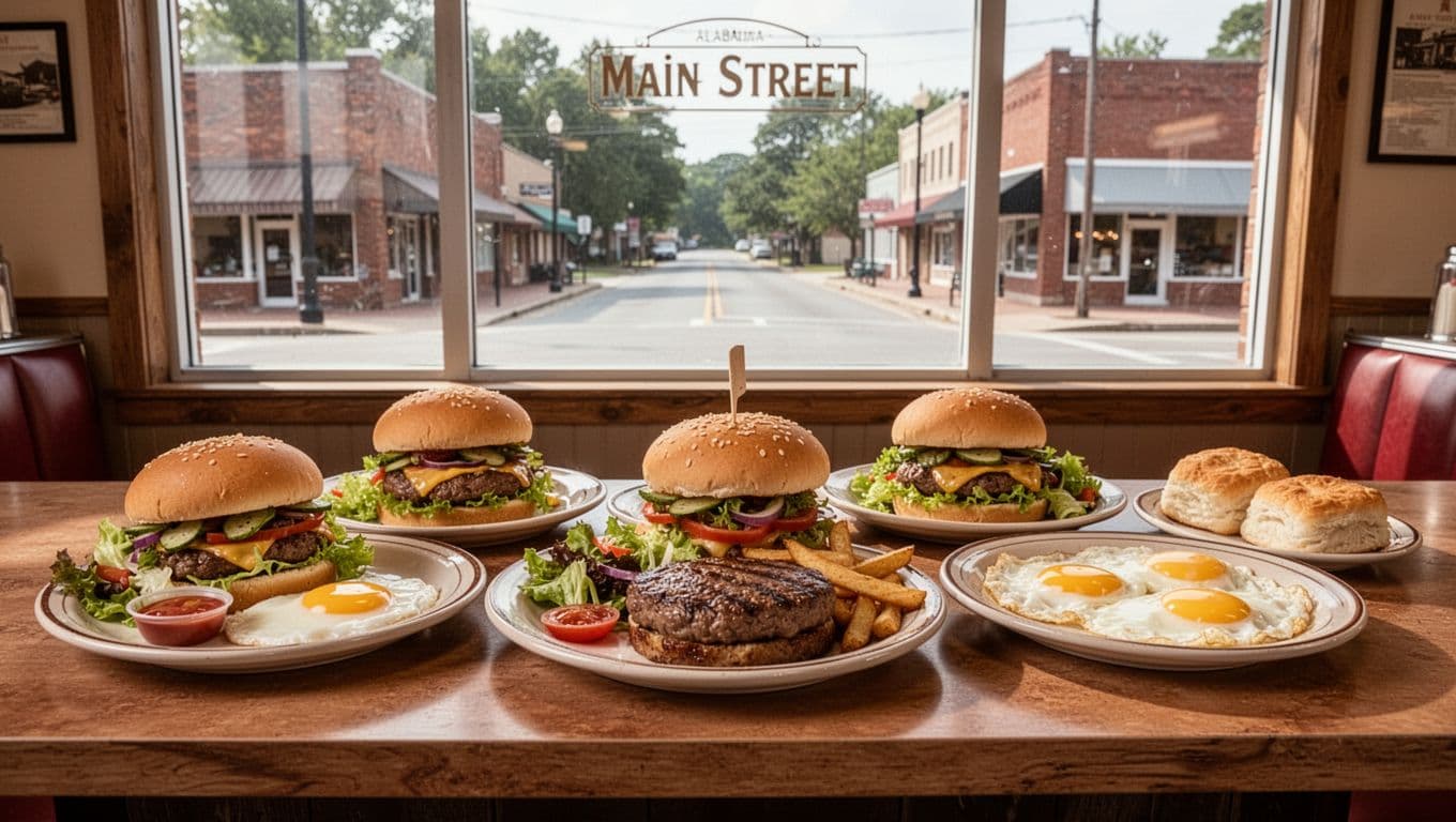 Grill plates with burgers, salads, eggs, and biscuits on diner counter in bright restaurant with Alabama street view through windows.