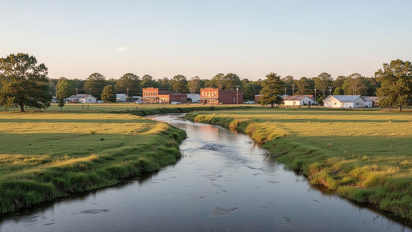 Scenic photorealistic landscape of Ozark Dale County, Alabama, showcasing a river, green fields, and small town buildings under a clear golden hour sky in the Wiregrass region countryside.