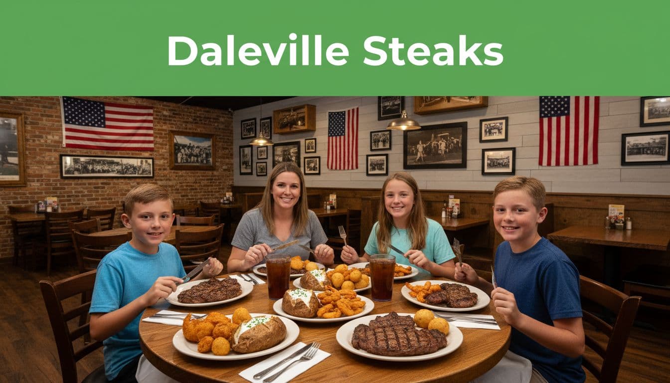 Steakhouse interior shows family of four at wooden table with ribeye steak, shrimp, potato, hushpuppies; green 'Daleville Steaks' band at top.