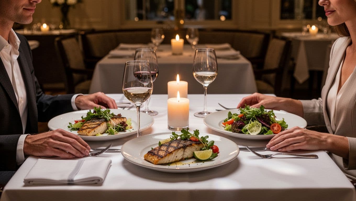 Close-up of elegant dining table with grilled fish, salads, and candlelit ambiance in Mountain Brook style upscale restaurant, featuring two relaxed diners.