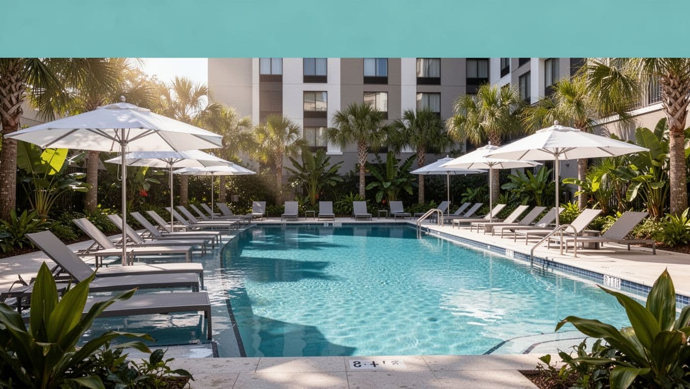 Modern hotel pool area in Daphne, Alabama, with lounge chairs, umbrellas, clear blue water, and tropical plants creating an inviting daytime atmosphere. Features a bold 'Pool Time' headline in a green #22C55E band at the top in Montserrat Black font.