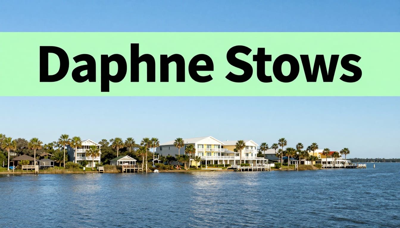 Scenic wide landscape view of Mobile Bay in Daphne, Alabama, with waterfront palm trees, calm water, hotel in background, and sunny afternoon light. Features bold 'Daphne Stays' headline in edge-to-edge green band.