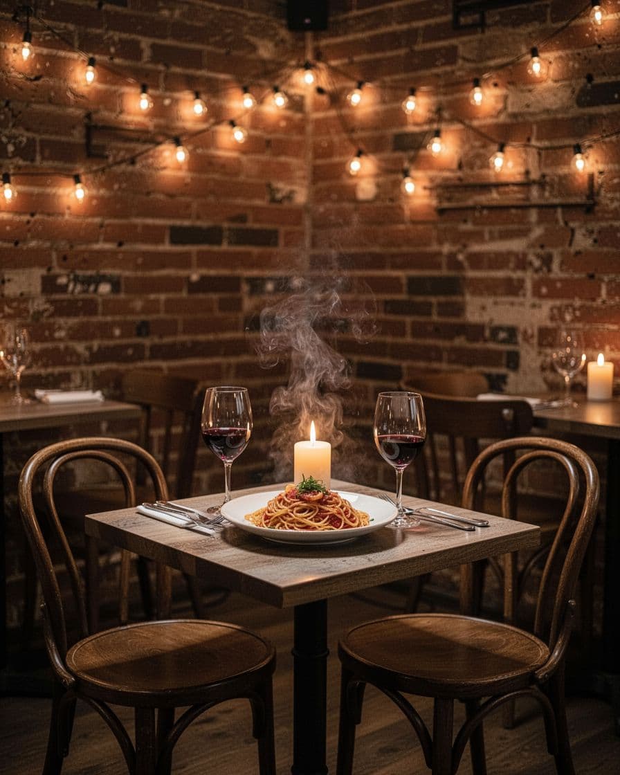 Cozy Italian restaurant interior with candlelit table set for two featuring pasta and wine glasses, brick walls, string lights, and soft romantic lighting in downtown Anniston. Bold 'Date Night' headline in green band at top, portrait composition on single table.