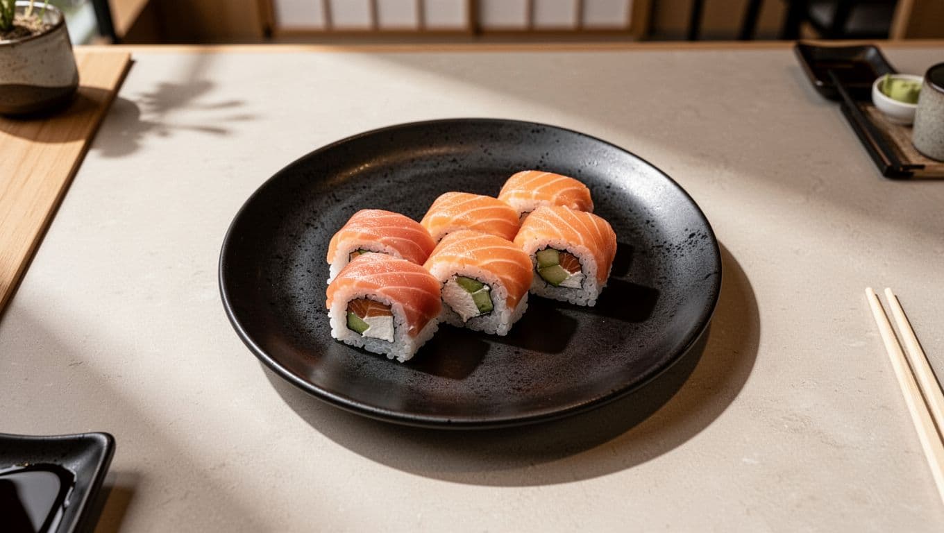 Fresh sushi rolls on black plate in modern Japanese restaurant interior under green Date Night headline band.