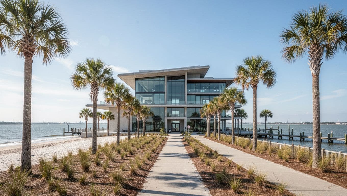 Realistic sunny daytime photograph of the modern Dauphin Island Sea Lab building exterior in Alabama, featuring beachfront location with Mobile Bay view, palm trees, and waterfront path, overlaid with bold headline 'Sea Lab Stays'.
