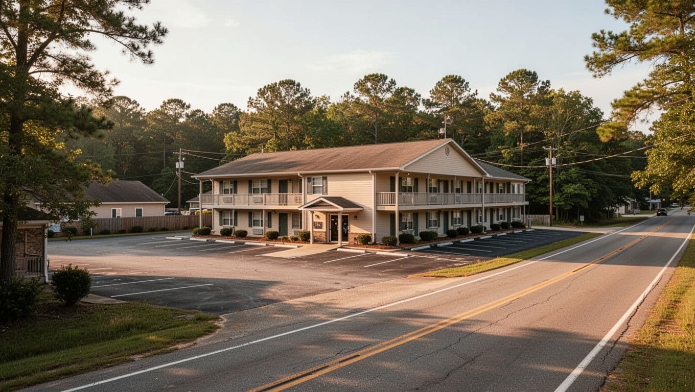 Realistic landscape photo of a simple two-story Days Inn Brewton motel exterior in a small Alabama town, with parking lot, entrance, nearby highway and trees, captured from an angled view in warm afternoon light. Features bold editorial green header band with 'Days Inn Brewton' headline in Inter Black font.