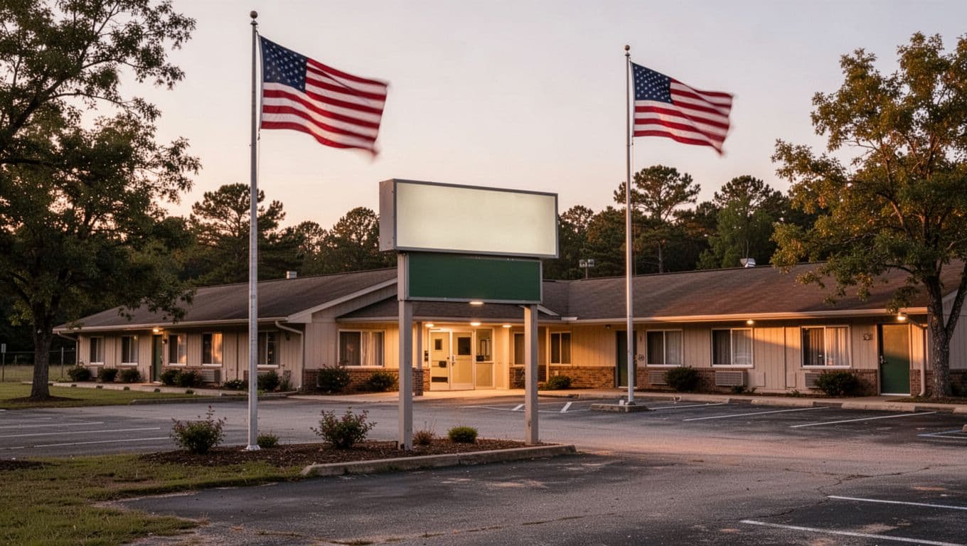 Exterior of cozy budget motel like Days Inn Centre in rural Alabama, front entrance with parking lot and sign at dusk, American flag waving amid trees, branded with 'Centre Stays' green header band in bold Montserrat Black typography, warm evening lighting, landscape view.