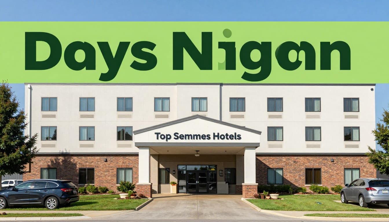 Modern exterior of Days Inn by Wyndham Semmes hotel in Alabama suburbs on a clear sunny day, featuring welcoming entrance with sign, few parked cars, and green lawns.