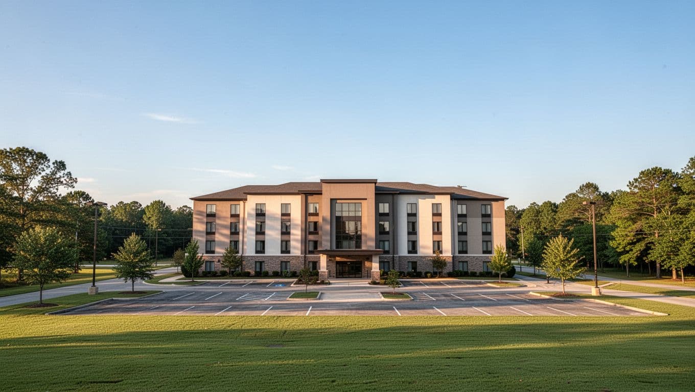 Modern hotel in rural Alabama with green lawns, parking lot, clear blue sky, and top 'DEATSVILLE STAYS' green header band.