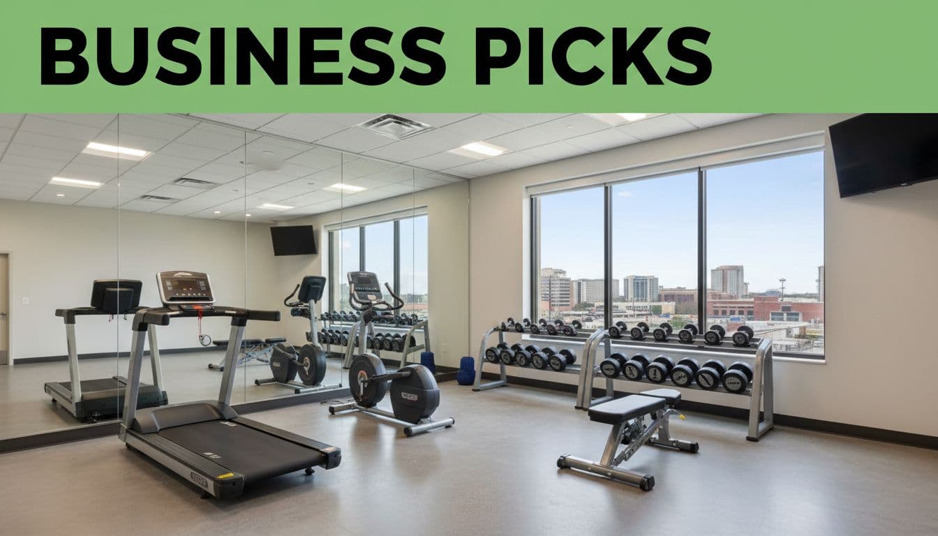 Clean, organized modern hotel fitness center in Decatur, Alabama, with treadmills, weights, one elliptical, large mirrors, and city view windows. Features bold 'Business Picks' headline on green band at top, no people or clutter.