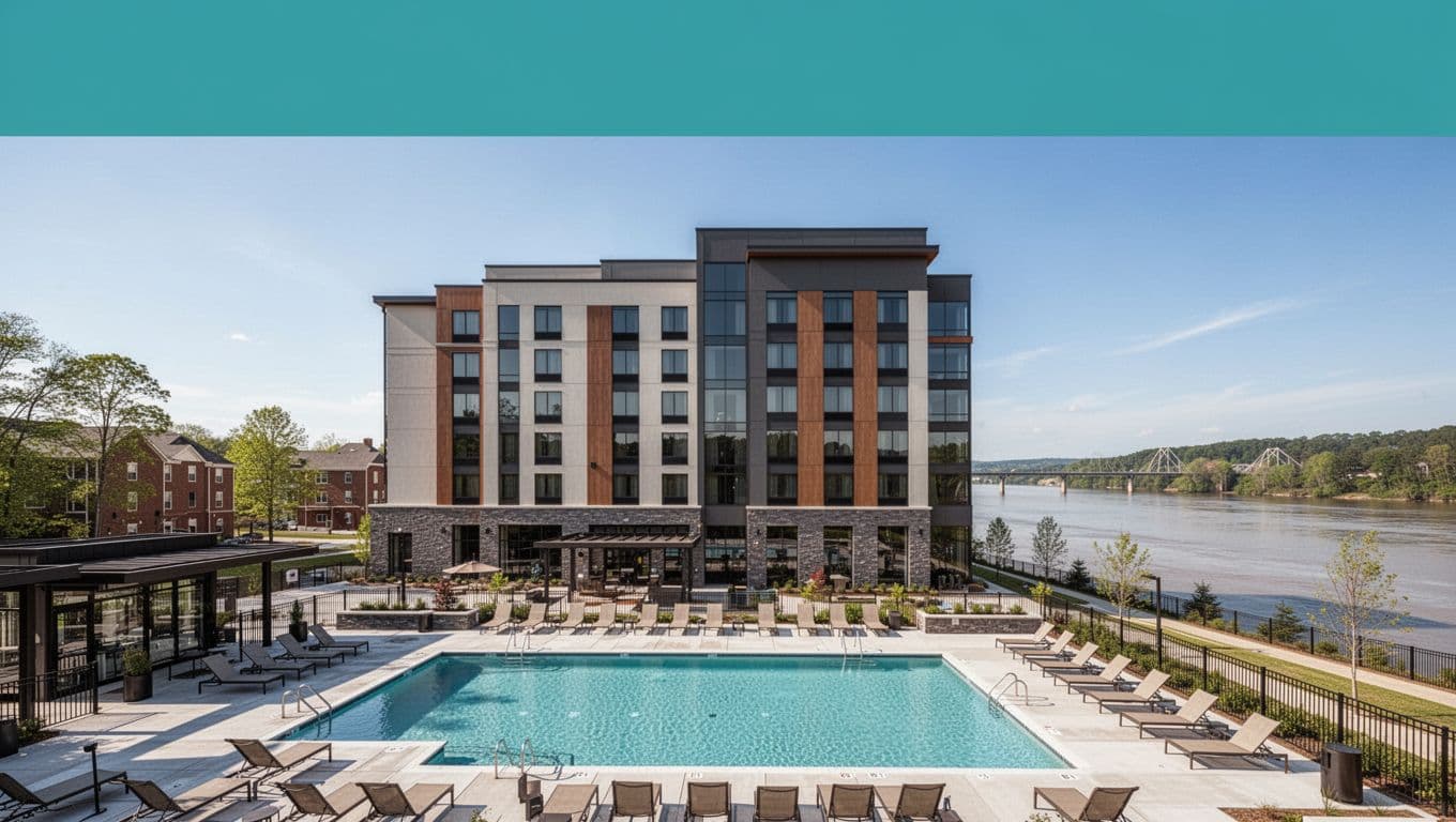 Wide landscape view of a modern hotel exterior with pool area near the Tennessee River in Decatur, Alabama, on a sunny day with clear blue sky. Top green band features centered 'Decatur Hotels' white text headline.
