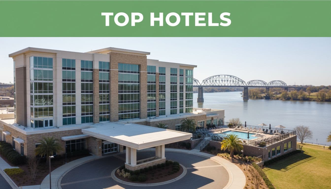 Exterior view of a modern riverfront hotel in Decatur, Alabama, featuring the Tennessee River, calm waters, distant bridge, pool deck, and landscaping under bright sunny afternoon light with a 'Top Hotels' headline band.