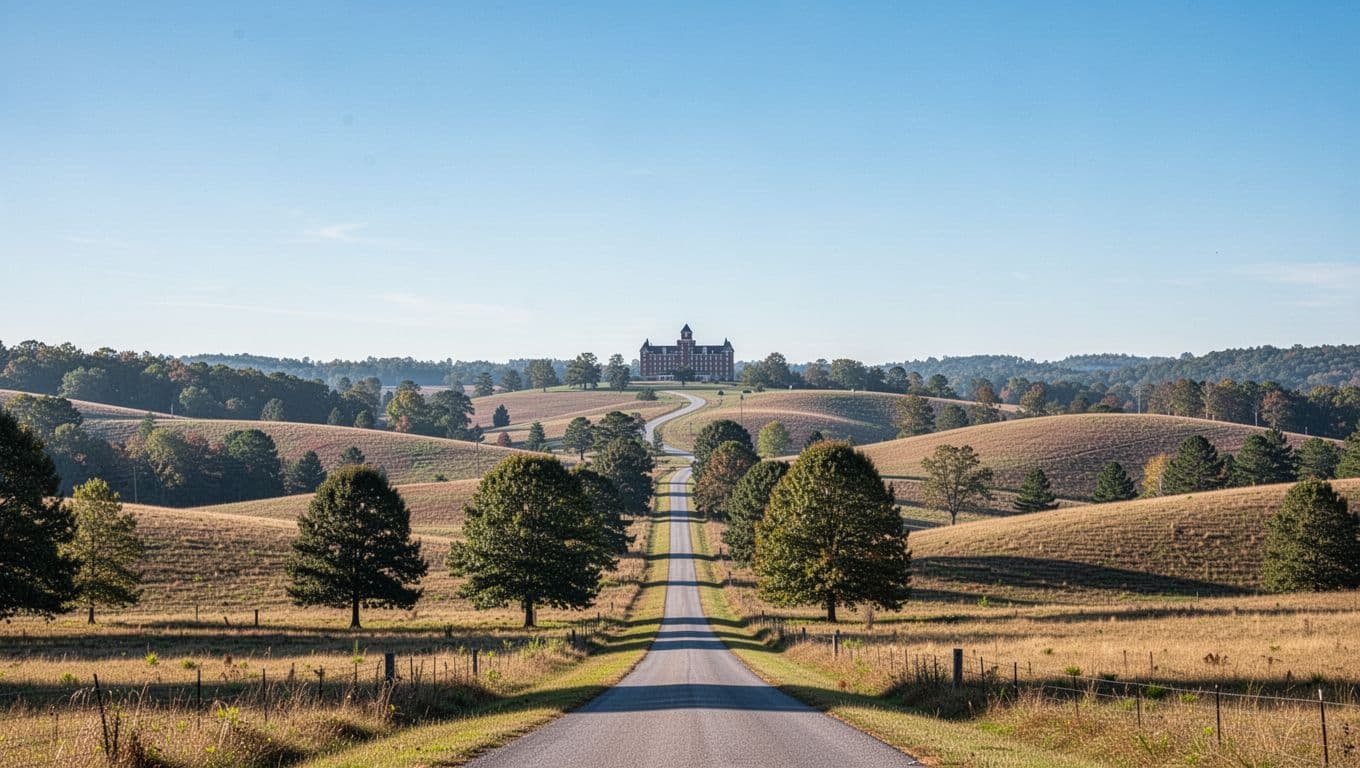 Photorealistic daytime scenic view of DeKalb County, Alabama landscape with rolling hills, trees, and a small town road leading to a distant hotel silhouette under a clear blue sky, focusing on nature and horizon. Features a bold branded headline 'DeKalb County Views' in Title Case geometric sans-serif font on a edge-to-edge #22C55E color band near the top.