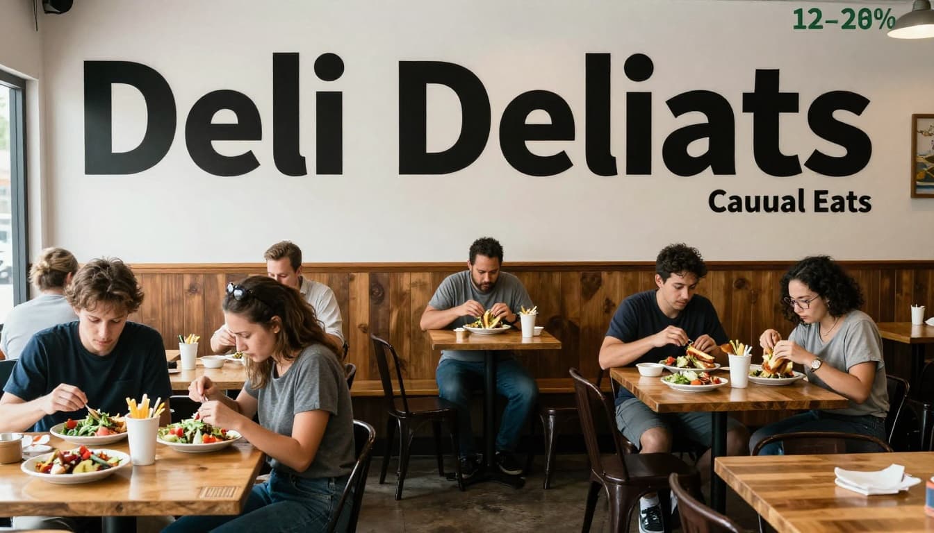 Busy casual diner interior in Decatur, Alabama, with patrons eating sandwiches and salads at wooden tables in a tavern setting, wide-angle photojournalistic style capturing lively atmosphere with soft natural window light.