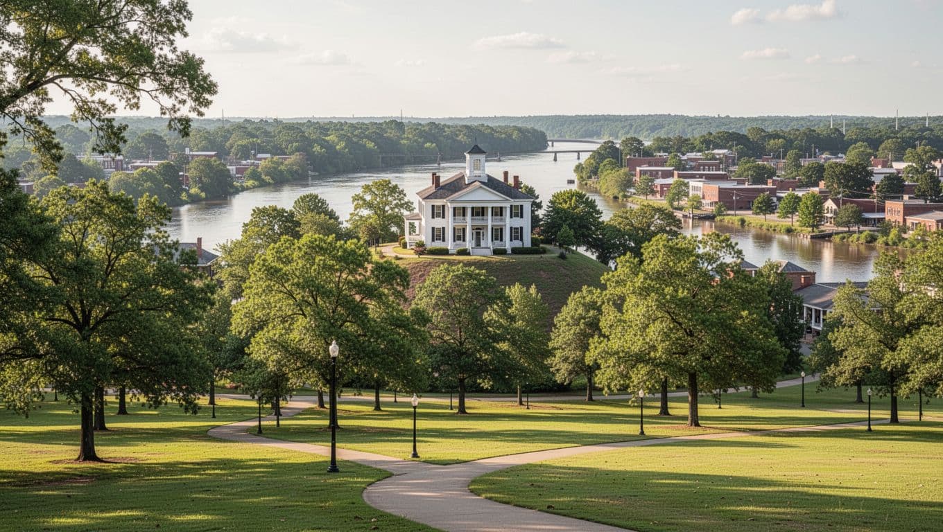 Scenic wide landscape of Demopolis, Alabama's historic river town with antebellum Gaineswood mansion on a hill, curving Tombigbee River, lush green parks, trees, and walking path in bright daylight. Features bold 'RIVER CHARM' headline in high-contrast green band across the top.