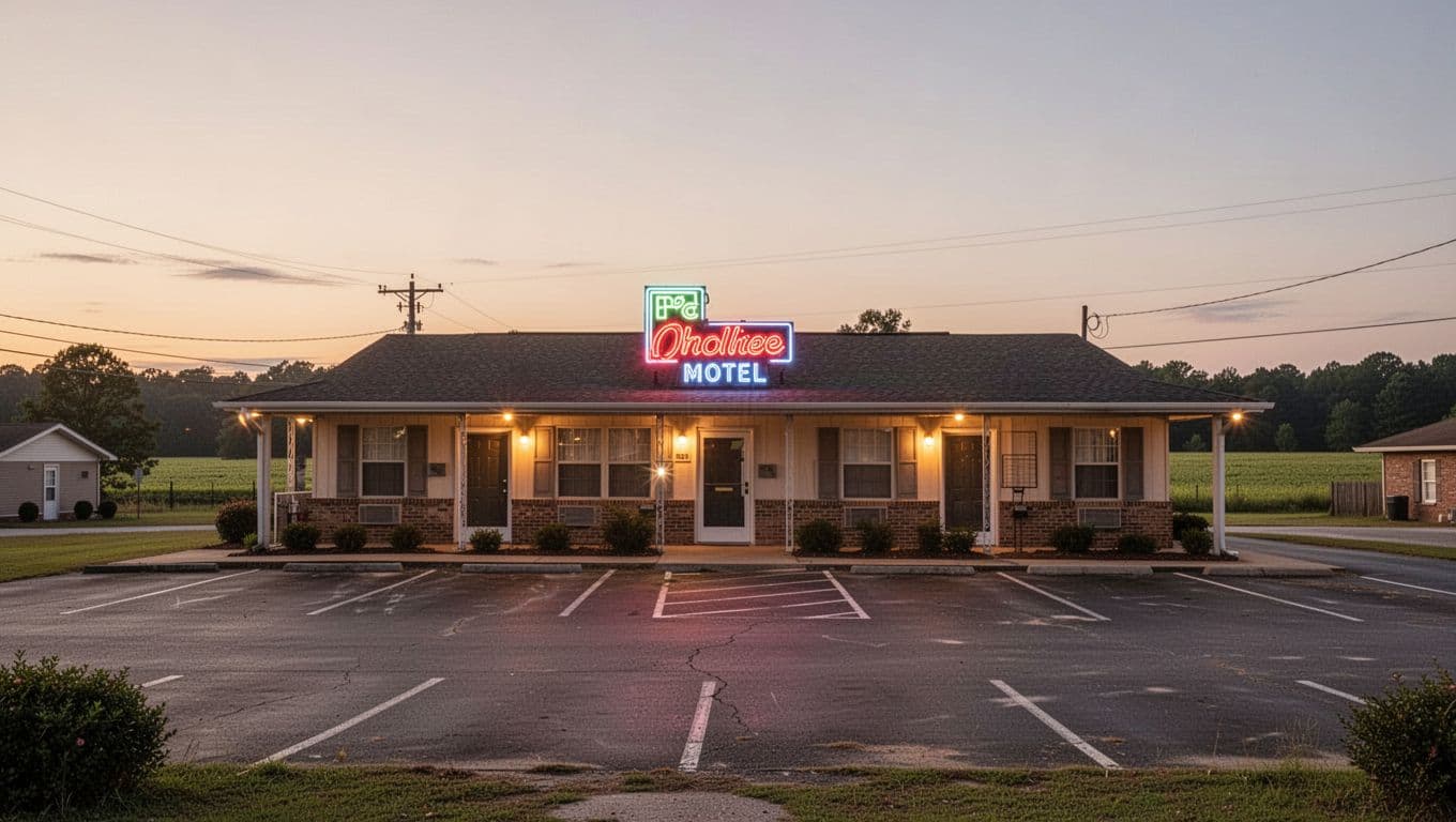 One-story roadside motel with neon sign and empty parking spaces lit by evening golden hour lights, flat rural landscape behind, green top band reading 'Nearby Stay'.